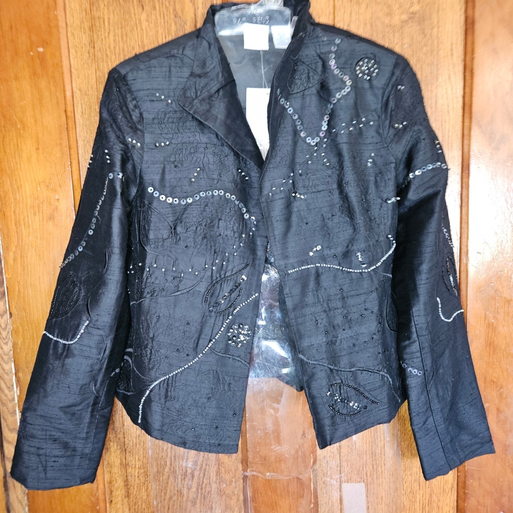Bleu Bayou Black Silk Beaded Sequin Evening Jacket Blazer Women Small NWT 372B